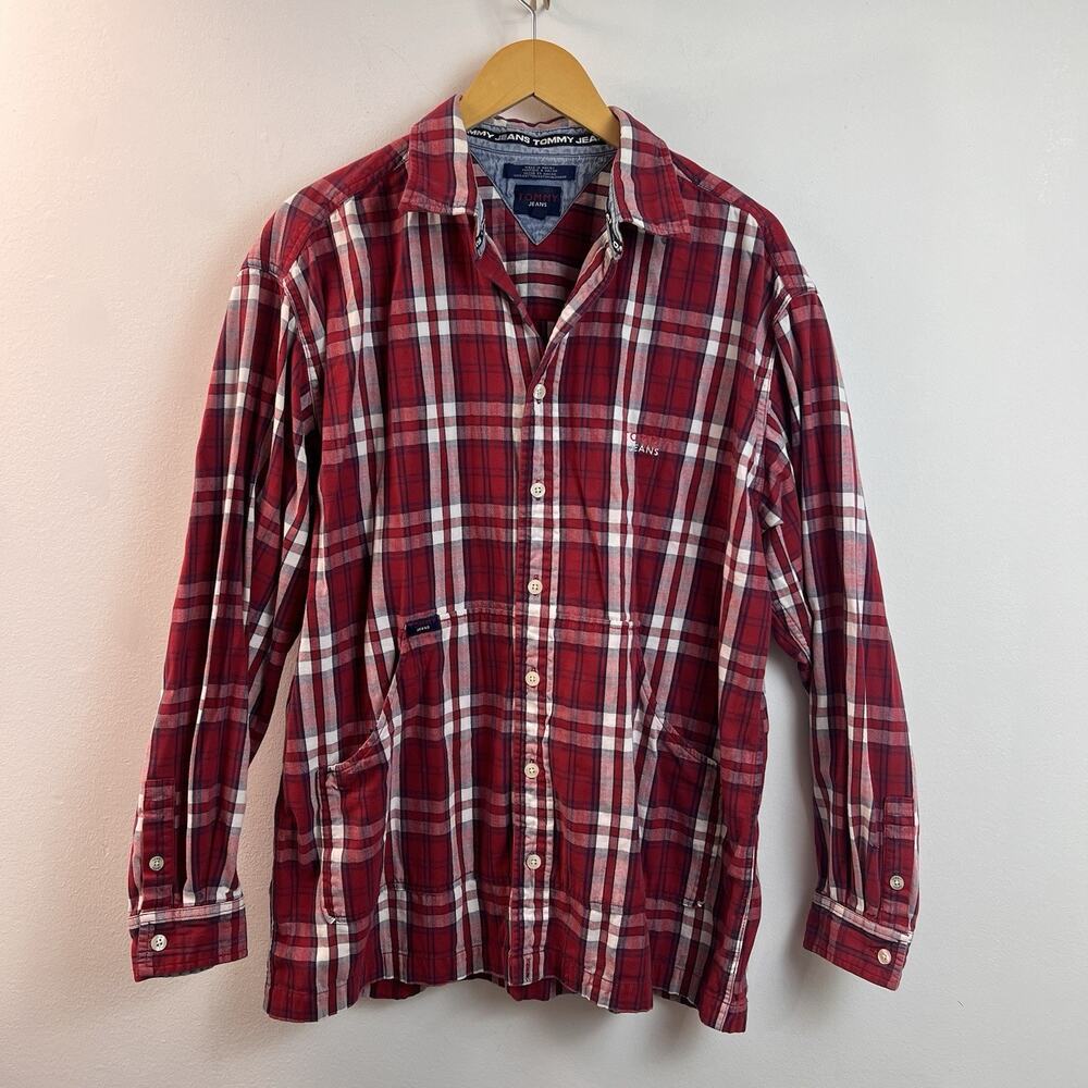 Y2K Tommy Jeans Button Down Shirt Red Plaid Men Size Large Tommy Hilfiger
